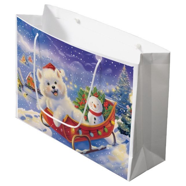 American Eskimo in Sleigh Snow Christmas Large Gift Bag (Front Angled)