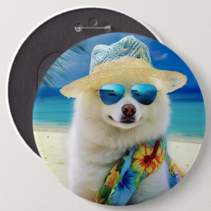American Eskimo on Beach,summer gift for dog lover 6 Cm Round Badge
