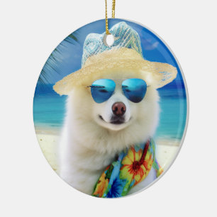 American Eskimo on Beach,summer gift for dog lover Ceramic Tree Decoration