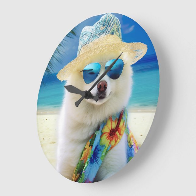 American Eskimo on Beach,summer gift for dog lover Large Clock (Angle)