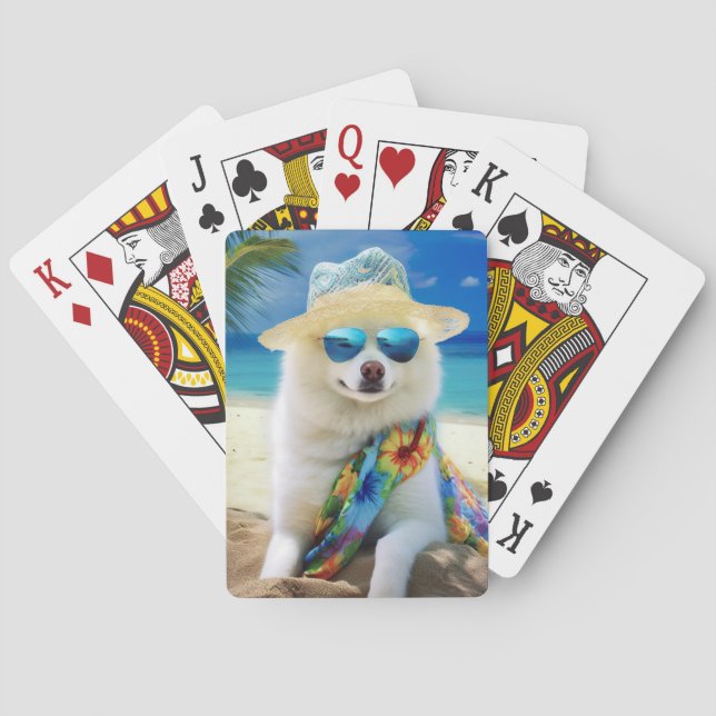 American Eskimo on Beach,summer gift for dog lover Playing Cards (Back)