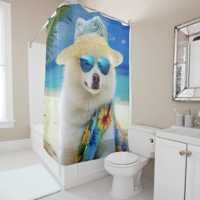 American Eskimo on Beach,summer gift for dog lover Shower Curtain (In Situ)