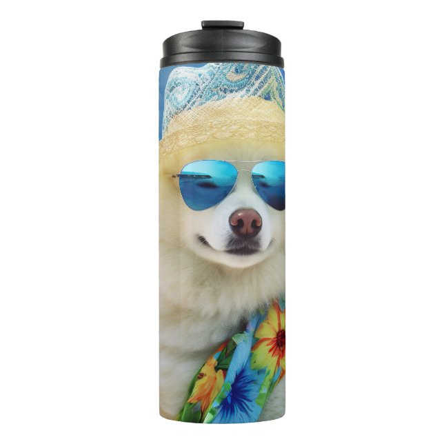 American Eskimo on Beach,summer gift for dog lover Thermal Tumbler (Front)