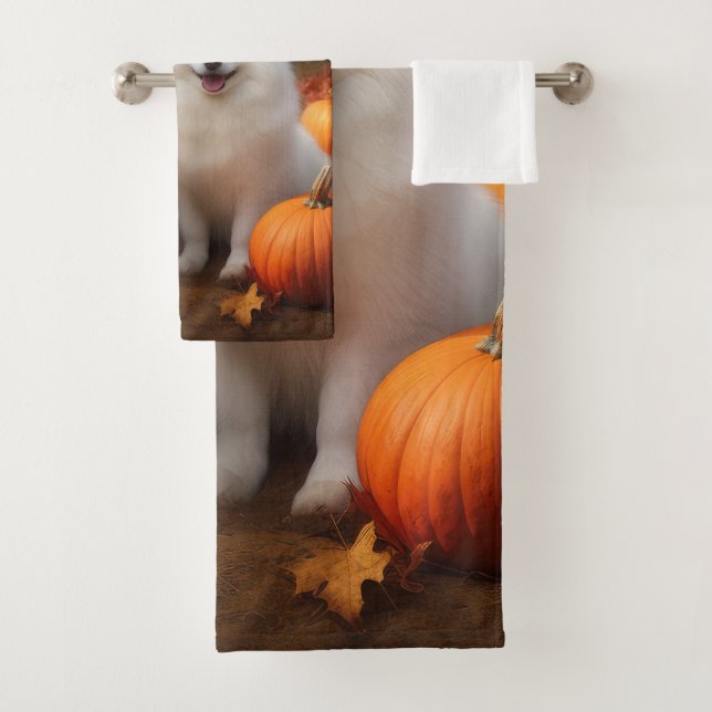 American Eskimo Puppy Autumn Delight Pumpkin Bath Towel Set (Insitu)