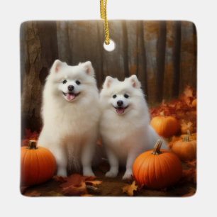 American Eskimo Puppy Autumn Delight Pumpkin Ceramic Ornament