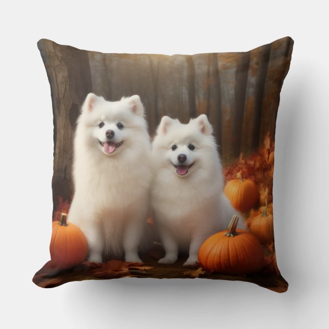 American Eskimo Puppy Autumn Delight Pumpkin Cushion (Front)