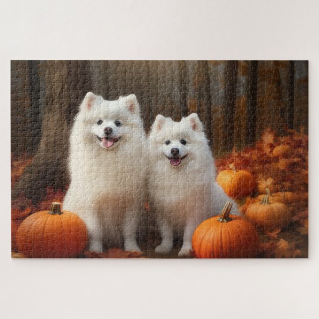American Eskimo Puppy Autumn Delight Pumpkin Jigsaw Puzzle (Horizontal)