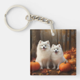American Eskimo Puppy Autumn Delight Pumpkin Key Ring