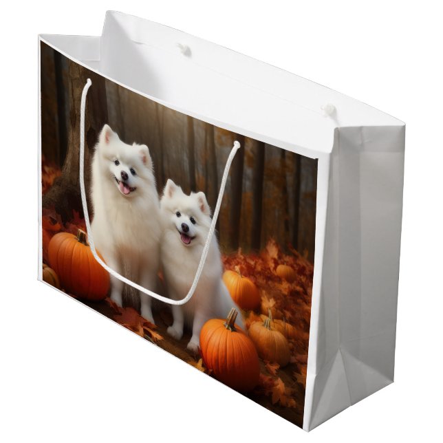 American Eskimo Puppy Autumn Delight Pumpkin Large Gift Bag (Front Angled)