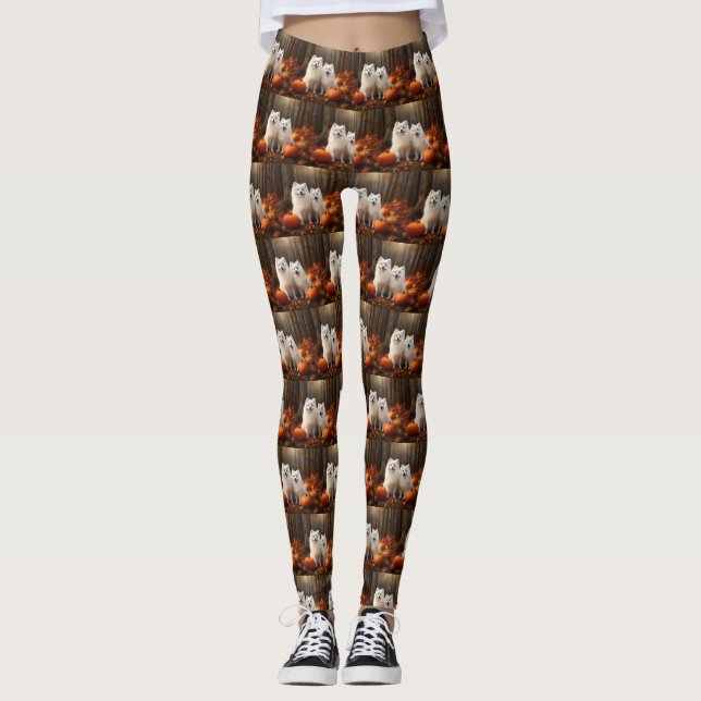 American Eskimo Puppy Autumn Delight Pumpkin Leggings (Front)