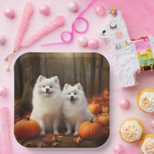 American Eskimo Puppy Autumn Delight Pumpkin Paper Plate
