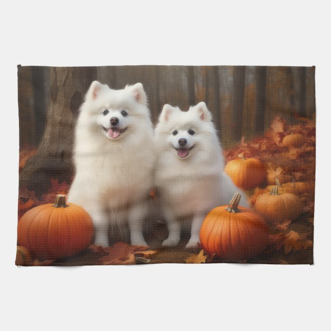 American Eskimo Puppy Autumn Delight Pumpkin Tea Towel (Horizontal)