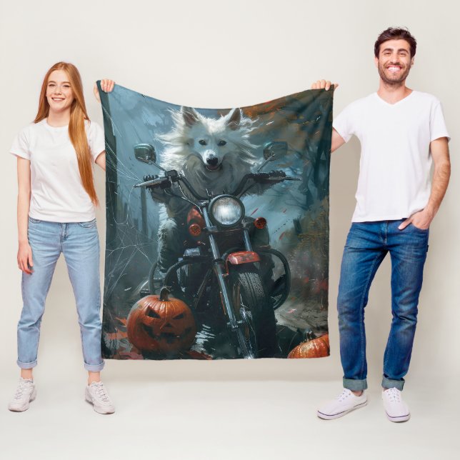 American Eskimo Riding Motorcycle Halloween Scary Fleece Blanket (In Situ)