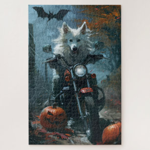 American Eskimo Riding Motorcycle Halloween Scary Jigsaw Puzzle