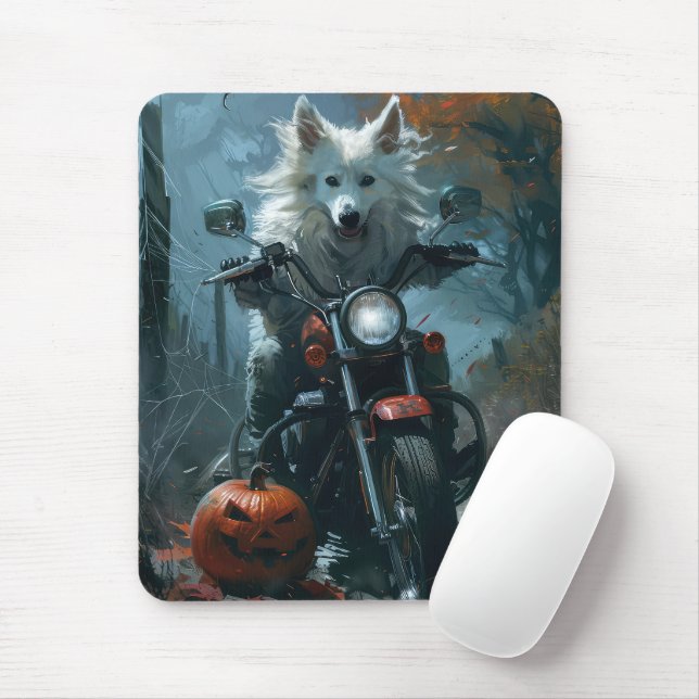American Eskimo Riding Motorcycle Halloween Scary Mouse Mat (With Mouse)