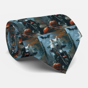American Eskimo Riding Motorcycle Halloween Scary Tie
