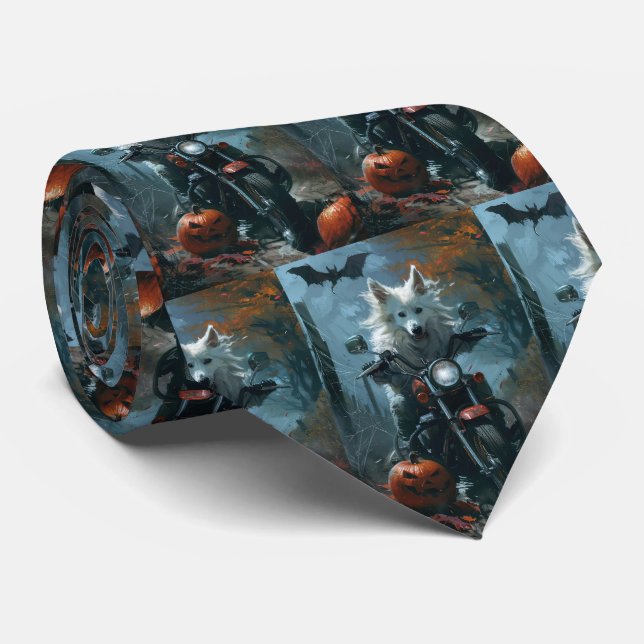 American Eskimo Riding Motorcycle Halloween Scary Tie (Rolled)