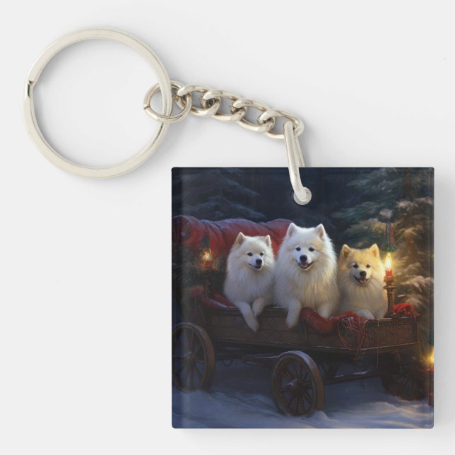 American Eskimo Snowy Sleigh Christmas Decor Key Ring (Front)