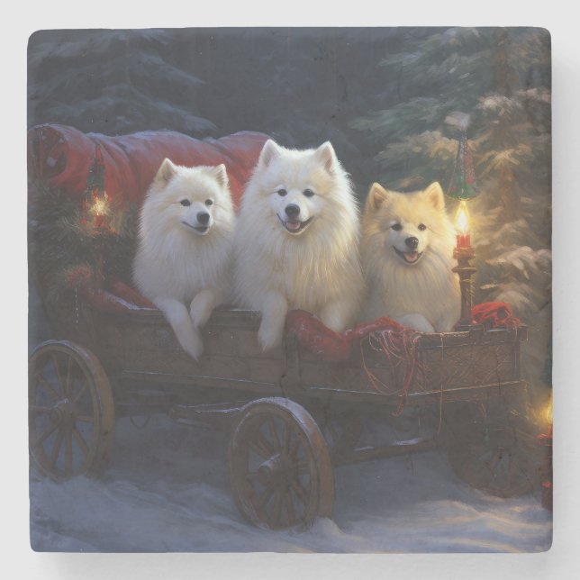 American Eskimo Snowy Sleigh Christmas Decor Stone Coaster (Front)