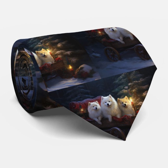 American Eskimo Snowy Sleigh Christmas Decor Tie (Rolled)
