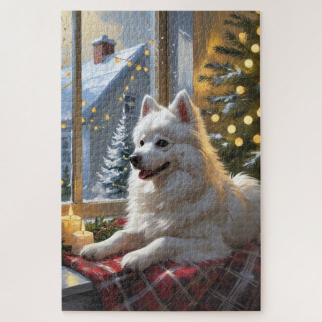 American Eskimo With Christmas Lights Holiday Jigsaw Puzzle (Vertical)
