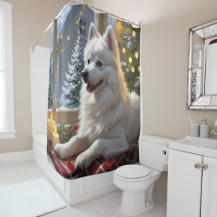 American Eskimo With Christmas Lights Holiday Shower Curtain