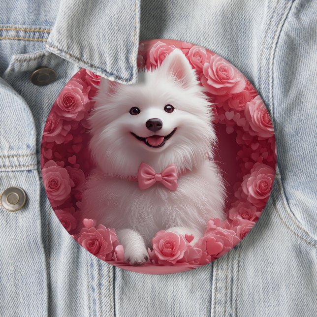 American Eskimo with Roses - Valentine's Day 6 Cm Round Badge (In Situ)