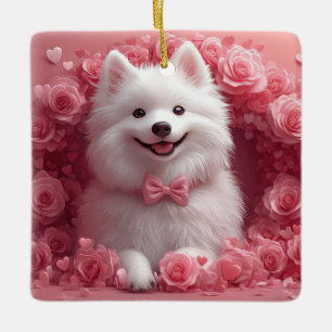 American Eskimo with Roses - Valentine's Day Ceramic Ornament