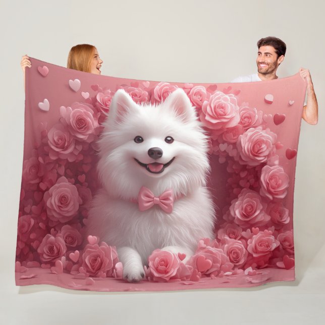 American Eskimo with Roses - Valentine's Day Fleece Blanket (In Situ)