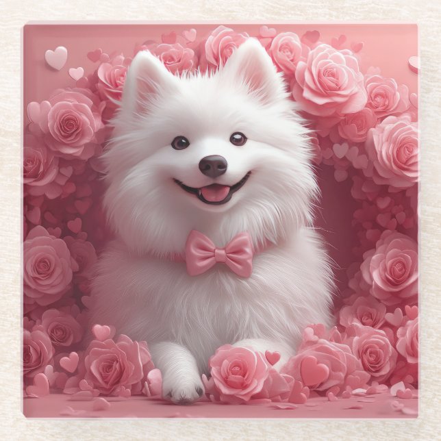 American Eskimo with Roses - Valentine's Day Glass Coaster (Front)
