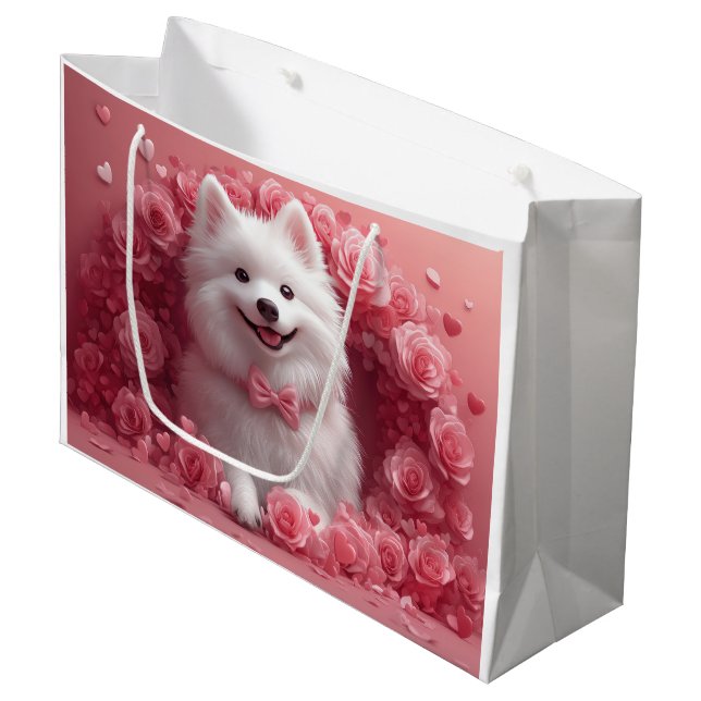 American Eskimo with Roses - Valentine's Day Large Gift Bag (Front Angled)