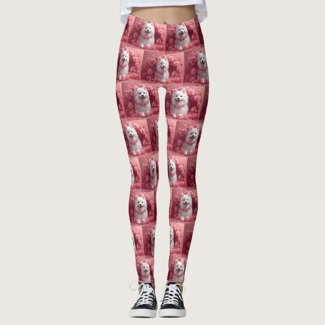 American Eskimo with Roses - Valentine's Day Leggings (Front)