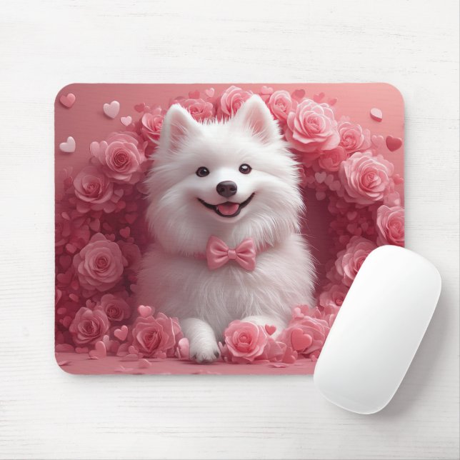 American Eskimo with Roses - Valentine's Day Mouse Mat (With Mouse)