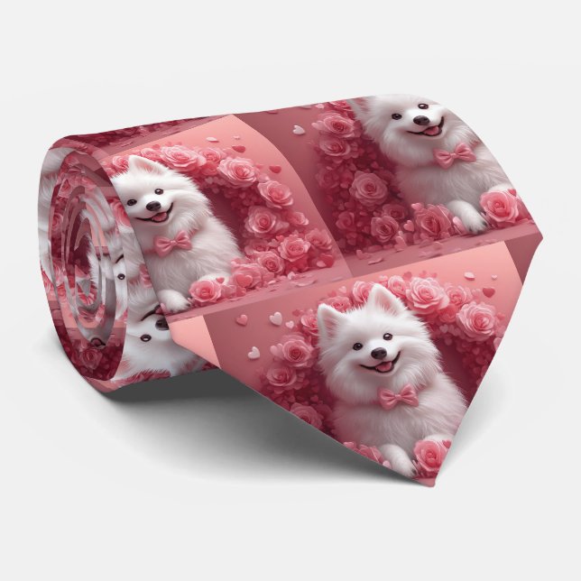 American Eskimo with Roses - Valentine's Day Tie (Rolled)