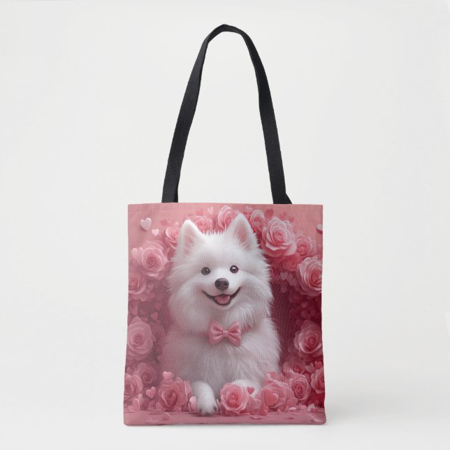 American Eskimo with Roses - Valentine's Day Tote Bag (Front)