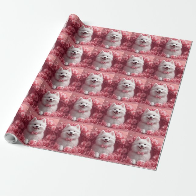 American Eskimo with Roses - Valentine's Day Wrapping Paper (Unrolled)
