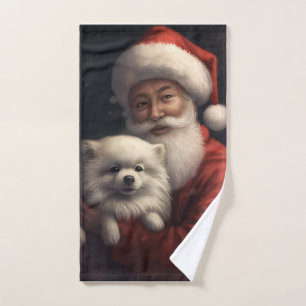 American Eskimo with Santa Claus Festive Christmas Bath Towel Set