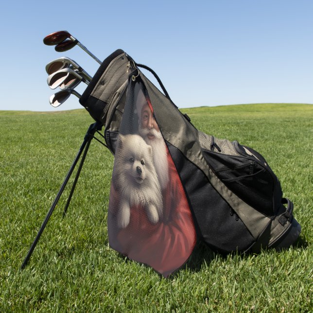 American Eskimo with Santa Claus Festive Christmas Golf Towel (Green)