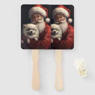 American Eskimo with Santa Claus Festive Christmas Hand Fan