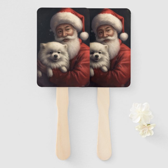 American Eskimo with Santa Claus Festive Christmas Hand Fan (Front and Back)