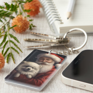 American Eskimo with Santa Claus Festive Christmas Key Ring