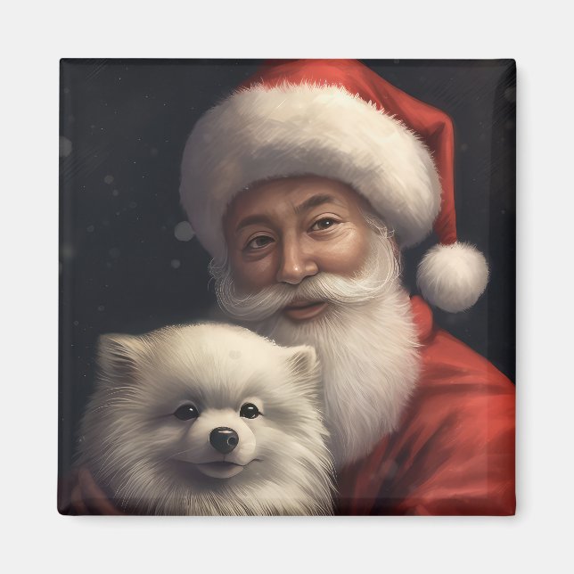 American Eskimo with Santa Claus Festive Christmas Magnet (Front)