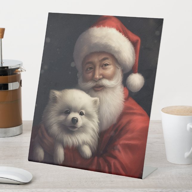 American Eskimo with Santa Claus Festive Christmas Pedestal Sign (In SItu)
