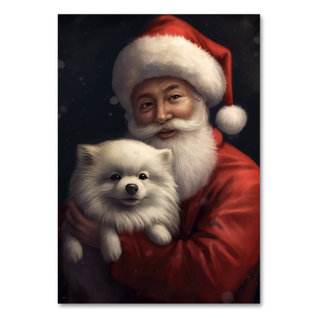 American Eskimo with Santa Claus Festive Christmas Table Number (Front)