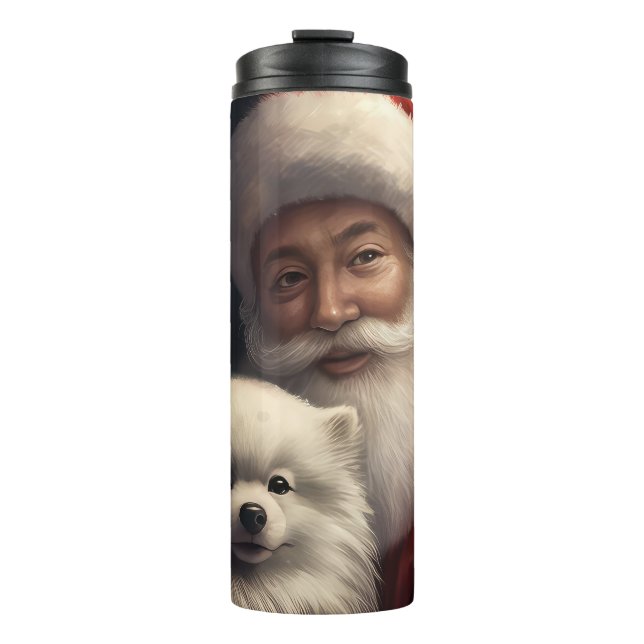 American Eskimo with Santa Claus Festive Christmas Thermal Tumbler (Front)