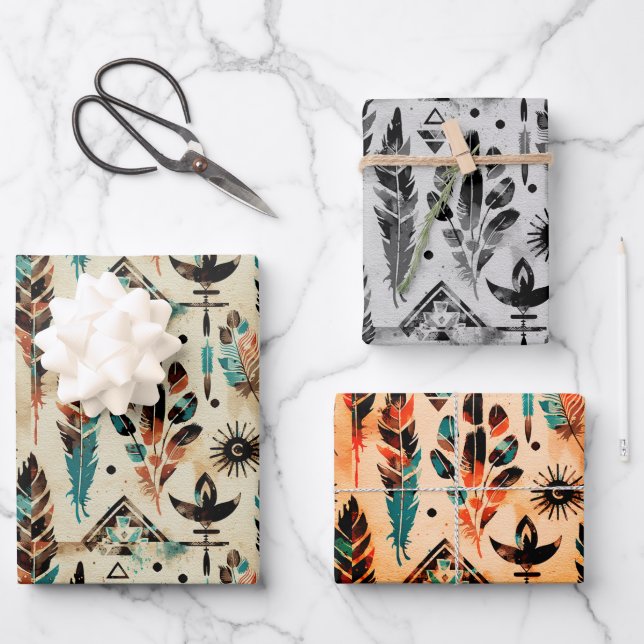American Ethnic Tribal Art Watercolor Pattern Wrapping Paper Sheet (Front)