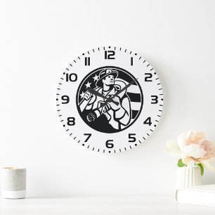 American Firefighter Hero Bold Black And White  Large Clock