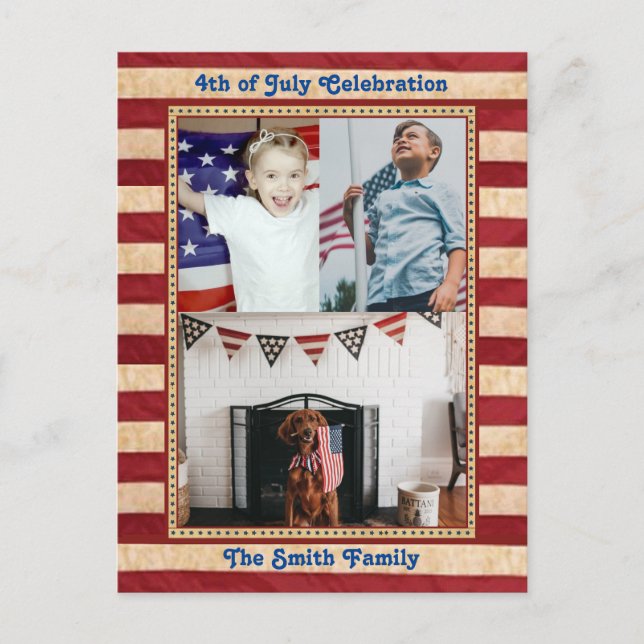 American Flag 3 Family Photo 4th of JULY Celebrate Invitation Postcard (Front)