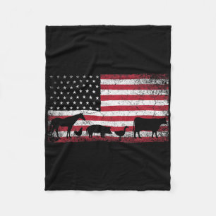 American Flag 4th Of July Chicken Horse Cow Pig Fa Fleece Blanket