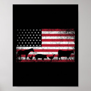 American Flag 4th Of July Chicken Horse Cow Pig Fa Poster